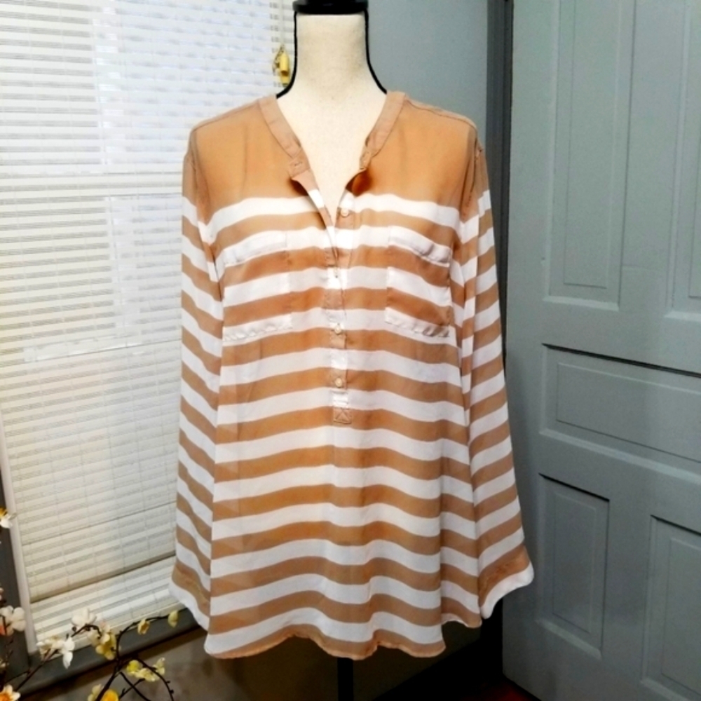✨ Old Navy Tan Striped Sheer Long sleeve Blouse